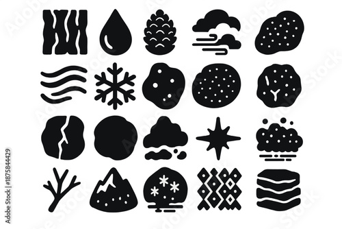 Cold Season Textures. Solid style icons of Cold season textures: pine bark, frozen sap, frosted cone, snow mist, wind trail,