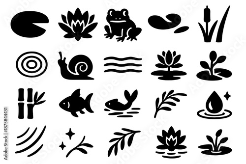 Water Garden Icons. Solid style icons of Water garden nature: lily pad, open blossom, green frog, floating petal, pond snail, soft