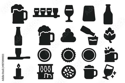 Beer Tasting Icons. Solid style icons of Beer tasting tradition: foam pint, tasting tray, flight glass, wooden board, beer bottle,