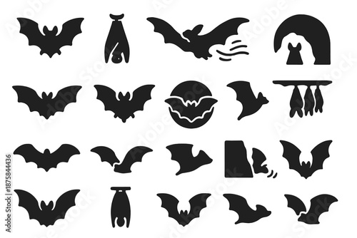 Bat Flight Icons. Solid style icons of Bat flight and rest: flying bat, open wings, hanging posture, night glide, cave entry,
