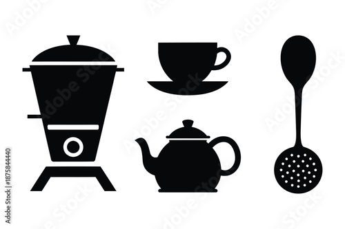 Tea Time Service Kettle and Utensil Silhouette Icon Set