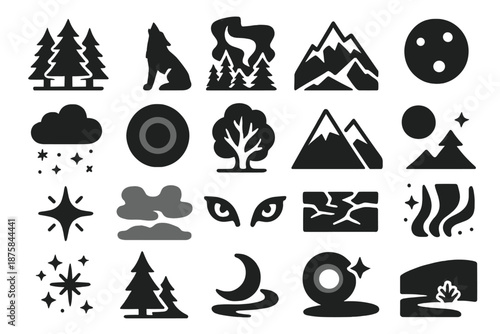 Northern Wilderness Icons. Solid style icons of Northern wilderness: pine forest, wolf stance, aurora ribbon, icy ridge, full moon