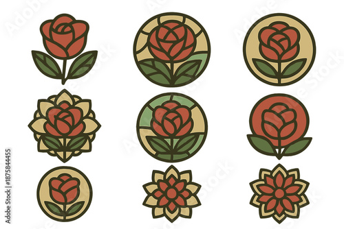 Floral Mandala Glass Art. Solid style icons of Floral rose glass design: blooming petal, glass mosaic, circular bloom, radiant