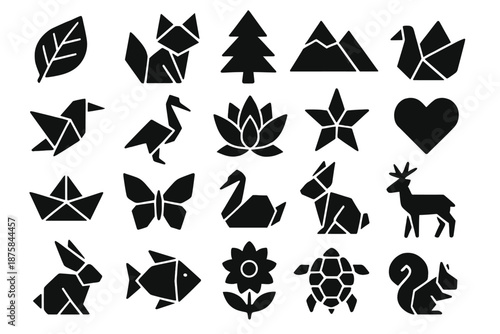 Paper Craft Icons. Solid style icons of Paper Craft Nature: folded leaf, paper fox, origami tree, folded mountain, paper bird,