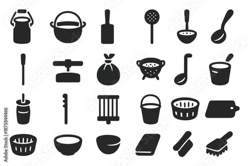 Artisan Dairy Tool Icons. Solid style icons of Artisan Dairy Tools: milk pail, copper vat, wooden paddle, skimmer, ladle, curd