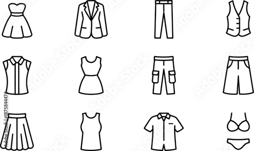 Collection of simple outline icons representing various types of clothing items and apparel for fashion or retail applications