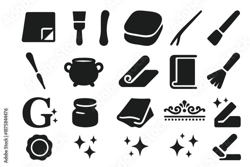 Gold Gilding Tools. Solid style icons of Gold Leaf Gilding: gold leaf sheet, brush, cushion pad, gilder’s knife, agate burnisher,