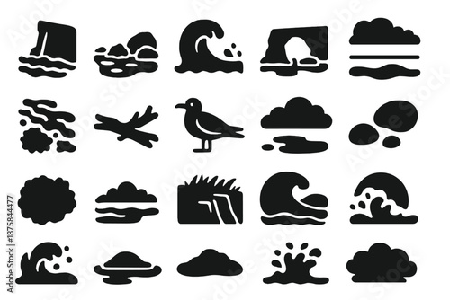 Coastal Icons Collection. Solid style icons of Coastal Landscape: cliff edge, rocky shore, crashing wave, sea arch, foam trail,
