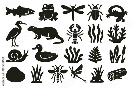 Alpine River Icons. Solid style icons of Alpine River Life: trout, frog, dragonfly, water beetle, heron, otter, crayfish,