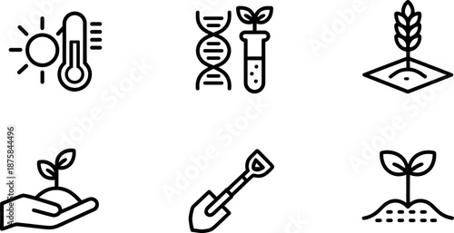 Collection of six scientific and agricultural icons representing research growth and farming tools against a clean backdrop