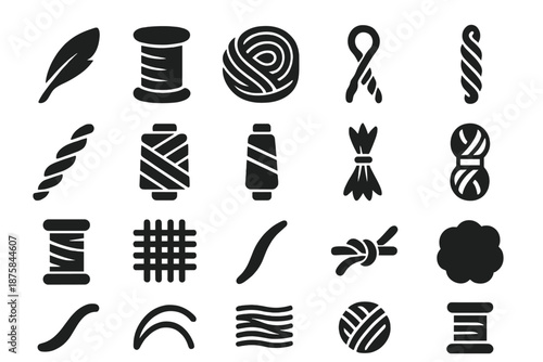 Fiber and Thread Icons. Solid style icons of Fiber and Thread: silk strand, cotton spool, wool coil, linen rope, hemp twist,