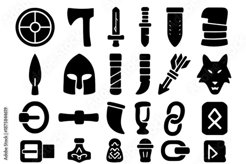 Viking Weaponry Icons. Solid style icons of Viking Weaponry: round shield, axe head, rune sword, leather scabbard, spear tip, iron