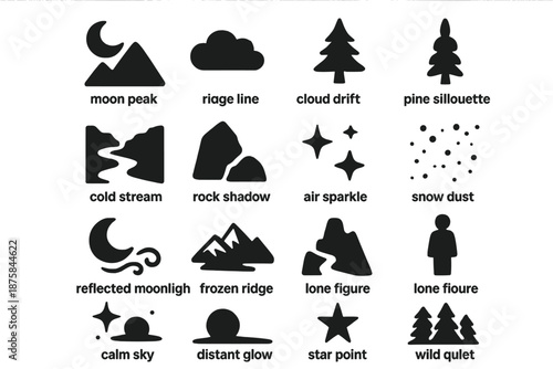 Mountain Nocturne Icons. Solid style icons of Mountain Nocturne: moon peak, ridge line, cloud drift, pine silhouette, cold stream,