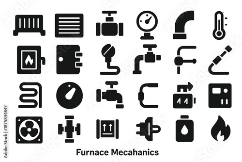 Furnace Mechanics Icons. Solid style icons of Furnace Mechanics: fire grate, air vent, heat valve, pressure dial, furnace door,