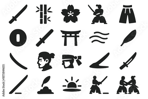 Samurai Duel Icon. Solid style icons of Samurai Duel: katana blade, bamboo grove, cherry blossom, warrior stance, hakama fold,