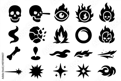 Skull Laser Icons. Solid style icons of Skull Laser: glowing skull, laser beam, burning eye, energy pulse, smoke trail, shattered