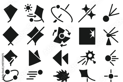 Solar Sail Dynamics Icons. Solid style icons of Solar Sail Dynamics: sail curvature, photon push, trajectory arc, light reflection