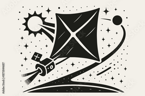 Solar Wind Sail. Solid style icons of Solar Wind Sail: spacecraft sail, solar panel, glowing sun, energy beam, light pressure,