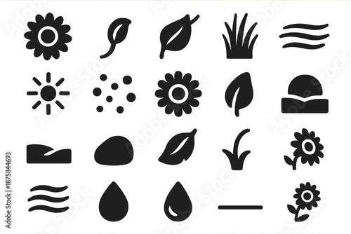 Sunflower Meadow Breeze. Solid style icons of Sunflower Meadow Breeze: sunflower bloom, waving stem, leaf curl, meadow grass,