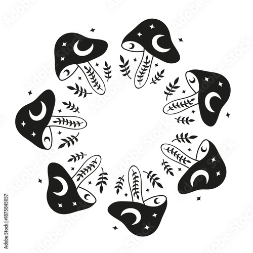 Cute round frame with hand drawn magic esoteric mushrooms and moon isolated on white background. Mystic Boho circle composition.
