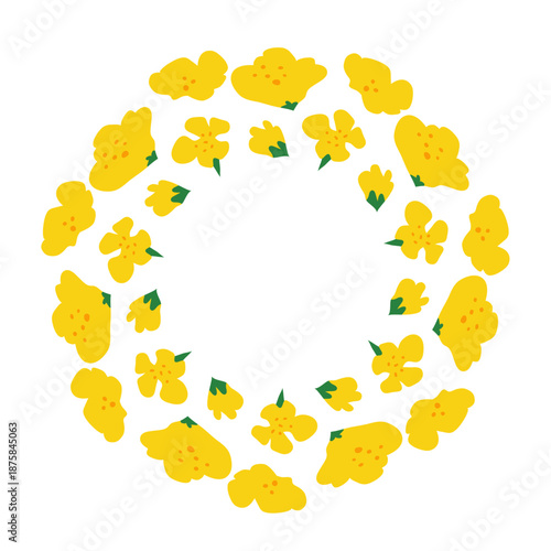 Cute circle frame with hand drawn canola rapeseed flowers isolated on white background.