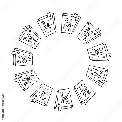Cute round frame with hand drawn outline witch books isolated on white background. Boho celestial circle composition.