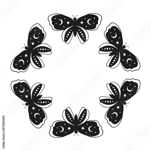 Cute round frame with hand drawn butterflies with moon and stars isolated on white background. Boho celestial circle composition.