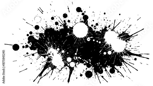 Abstract black ink splatter design on white background.