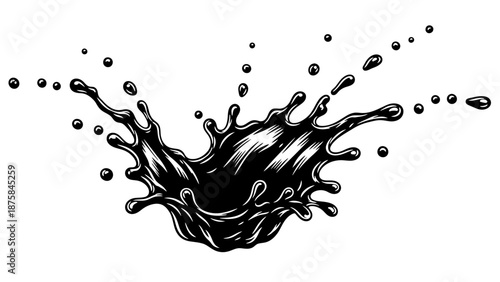 Black liquid splash with droplets on white background.