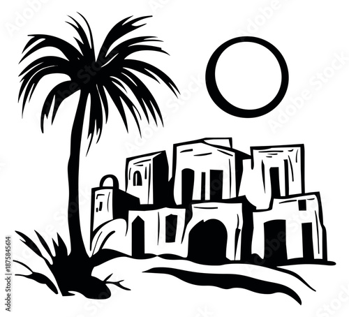 Line art illustration of a desert settlement depicting a traditional oasis town for travel and culture