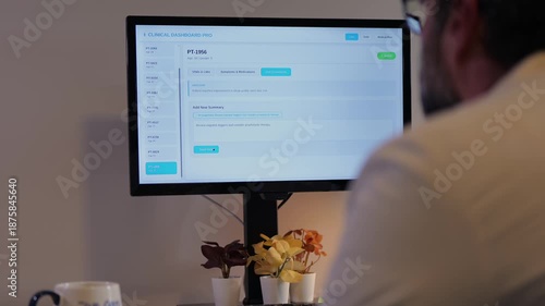 Middle-aged male doctor in home office reviews patient EMR dashboard with AI-assisted notes, vitals, labs, and visit summaries on monitor concept