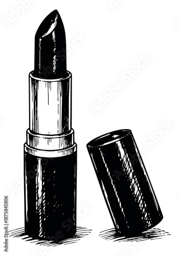 Hand drawn line art illustration of an open lipstick with its cap for beauty and fashion