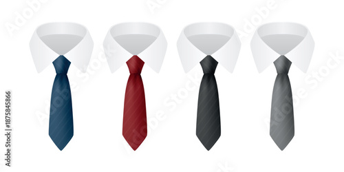 Vector 3d Necktie Set with Collar Shirts, Isolated. Blue, Red Black, Gray Classic Men s Business Tie Icons. Formal Office Dress Code Accessories for Suit, Fashion Design, Apparel Mockups