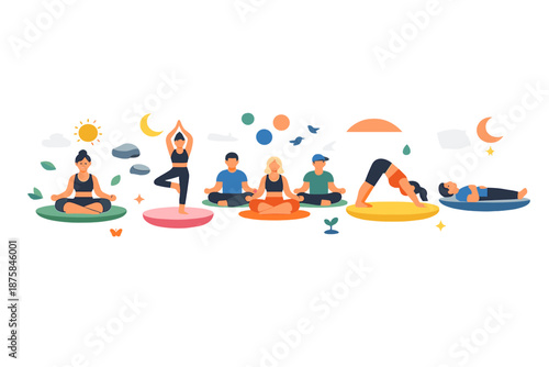 Image Generation. Fresh spring routine unfolds in an open airy setting as people meditate, move, and rest in a calm sequence,