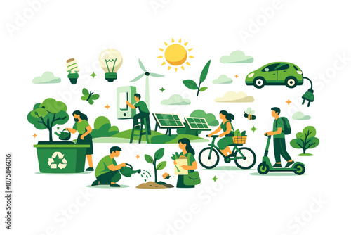 Image Generation. Open spring setting filled with people engaging in mindful eco habits such as recycling, saving energy, and