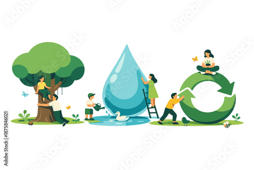 Image Generation. Open spring environment showing people interacting with oversized eco symbols like trees, water drops, and