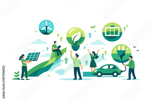 Image Generation. Fresh optimistic environment showing people interacting with abstract green energy symbols in a clean open space