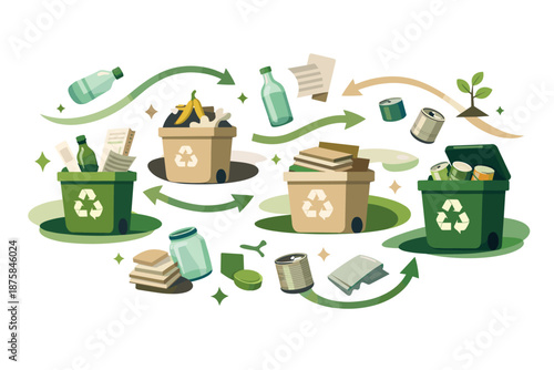 Image Generation. Fresh clean space showing recycling awareness illustrated through abstract bins, arrows, and materials arranged