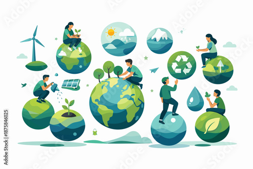 Image Generation. Fresh modern landscape showing people interacting with floating planet forms and environmental symbols, surreal