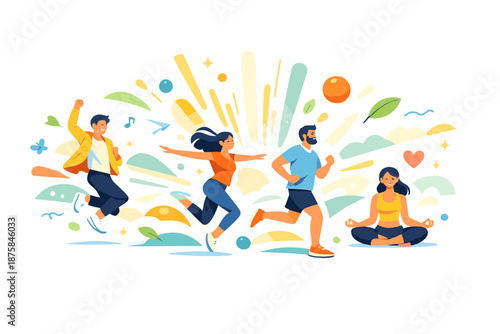 Energized Spring Morning. Fresh spring morning setting shows people energized by sunshine as abstract rays and shapes pulse gently