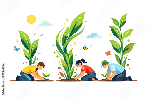 Image Generation. Bright spring morning setting shows people kneeling and planting as hopeful shoots rise instantly from the