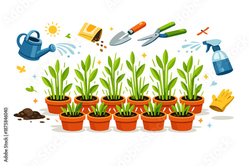 Image Generation. Bright spring room scene showing green sprouts growing rapidly in neat rows of pots, surreal interpretation of