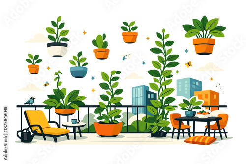 Image Generation. Fresh urban balcony scene showing plants growing alongside modern furniture and buildings, playful surreal