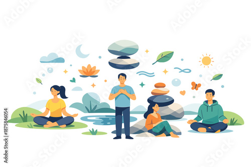 Mindful Morning Serenity. Fresh spring morning scene shows people engaging in mindful pauses as abstract calm symbols gently rise