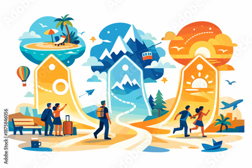 Image Generation. Sunlit city square transformed into a travel hub as paths lead toward floating beaches, mountains, and warm