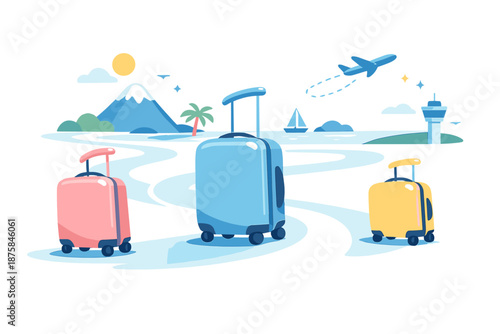 Effortless Spring Journey. Fresh spring departure scene showing light luggage rolling effortlessly along curved paths, surreal