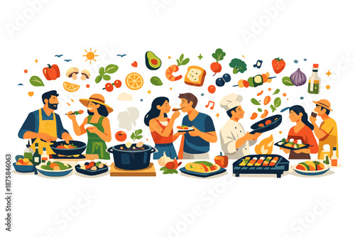 Image Generation. Fresh spring market scene shows people tasting and sharing food as colorful ingredients hover gently above