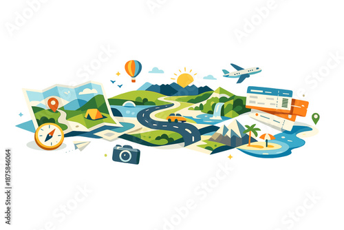 Surreal Travel Preparation. Fresh spring landscape scene showing paths and horizons unfolding from planning tools, surreal