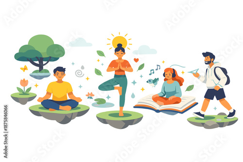 Image Generation. Fresh spring routine scene shows people practicing mindful activities as soft energy symbols rise gently from