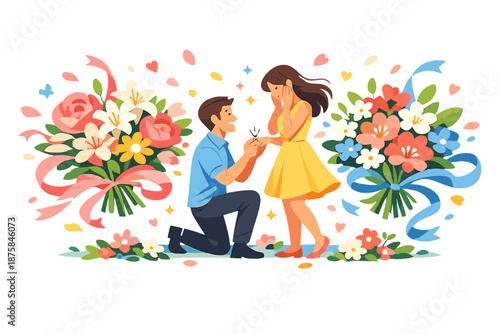 Image Generation. Fresh spring morning scene shows an engagement reveal as bouquets bloom instantly around the couple, surreal